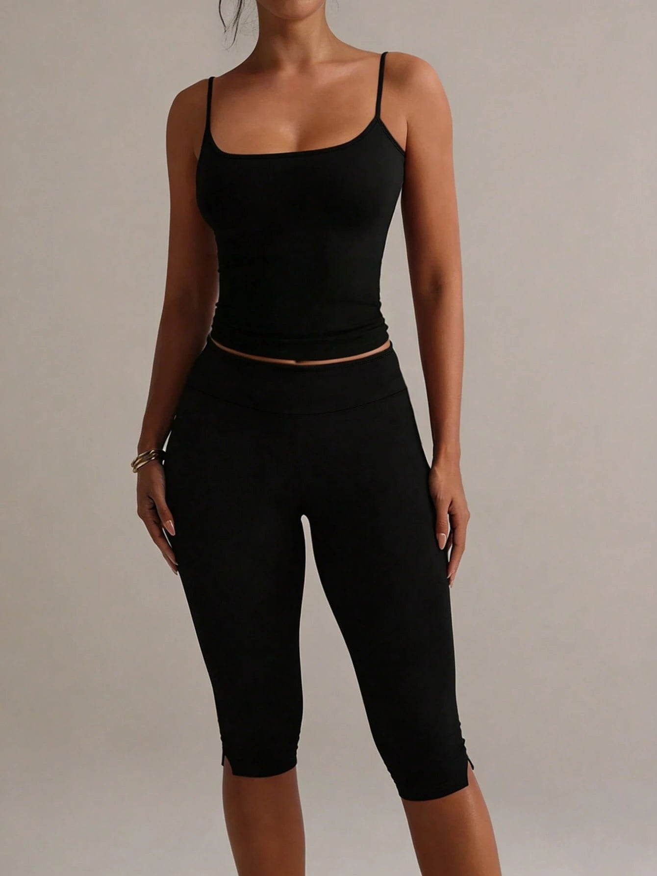 XLLAIS Women's Black Elastic Casual Sports Fitness Pants With Split Hem, Capri Length Summer, Athleisure