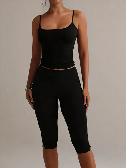 XLLAIS Women's Black Elastic Casual Sports Fitness Pants With Split Hem, Capri Length Summer, Athleisure