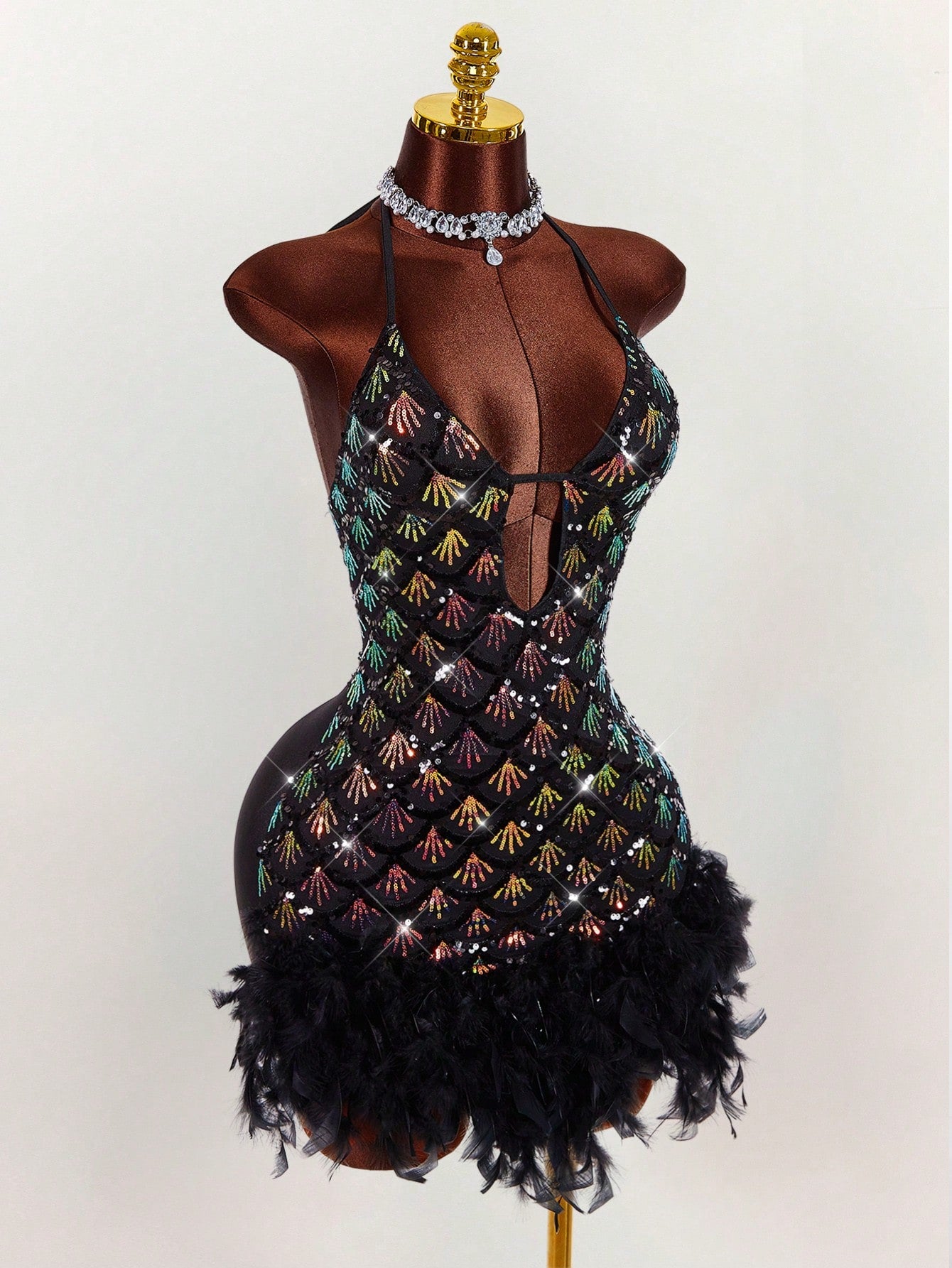 Y2K Amplova Deep V-Neck Halter Sequin & Furry Patchwork Bodycon Mini Dress