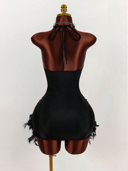 Y2K Amplova Deep V-Neck Halter Sequin & Furry Patchwork Bodycon Mini Dress