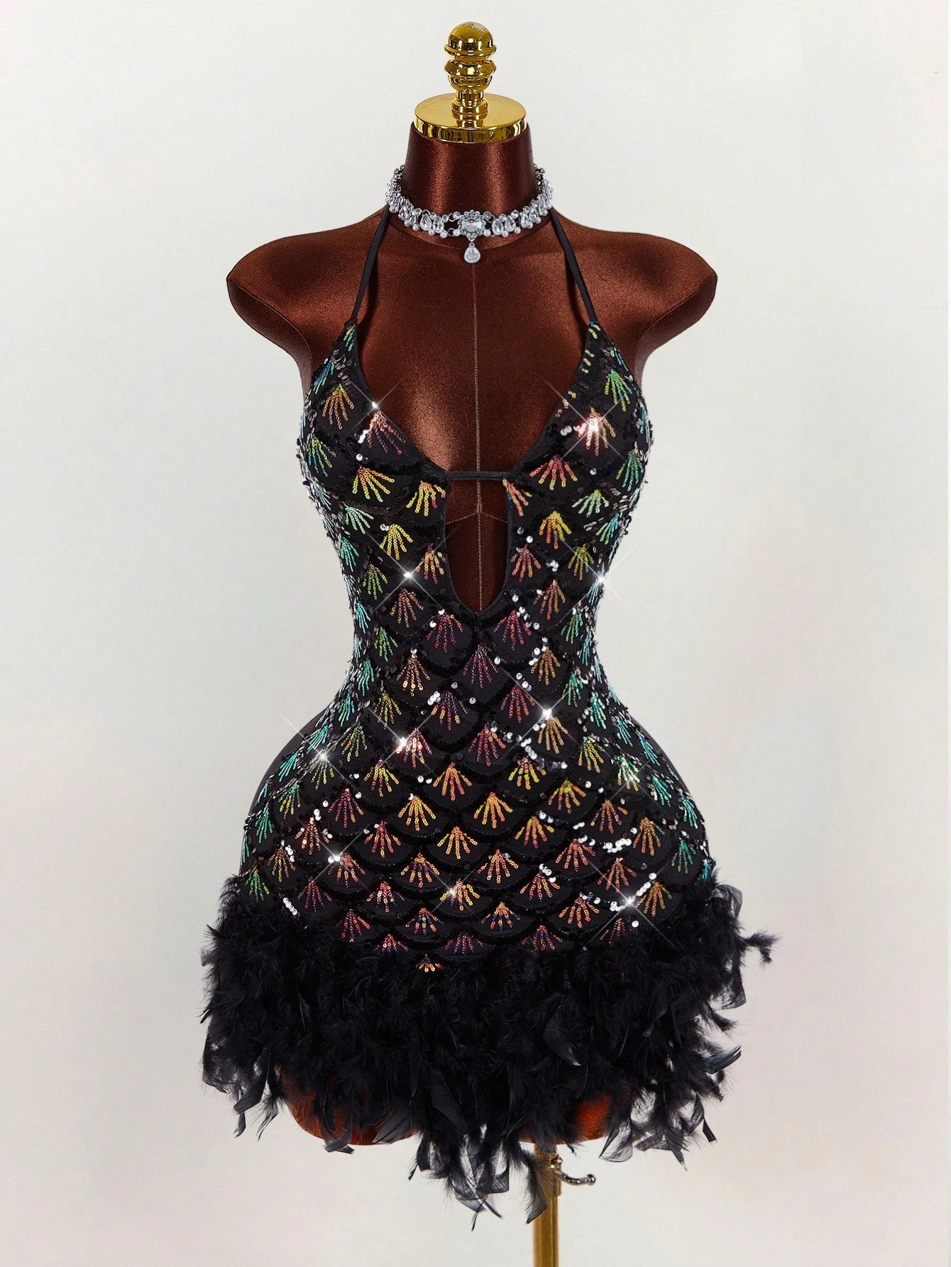 Y2K Amplova Deep V-Neck Halter Sequin & Furry Patchwork Bodycon Mini Dress