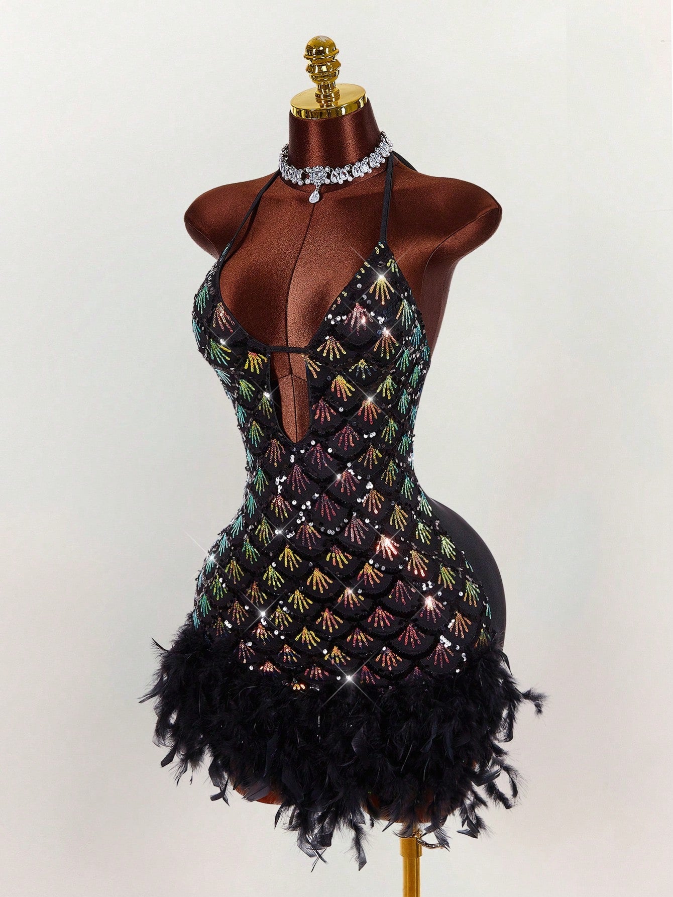 Y2K Amplova Deep V-Neck Halter Sequin & Furry Patchwork Bodycon Mini Dress