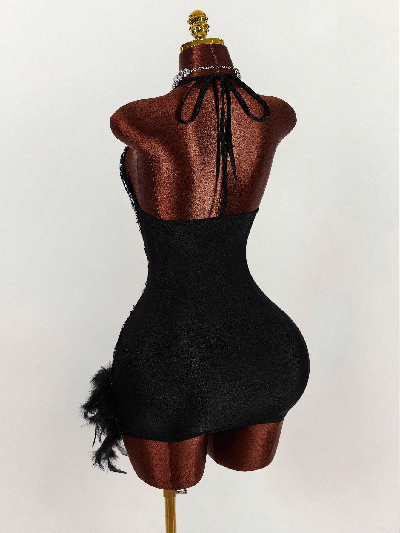 Y2K Amplova Deep V-Neck Halter Sequin & Furry Patchwork Bodycon Mini Dress