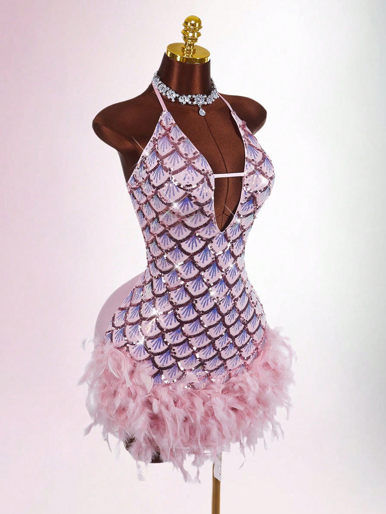 Y2K Amplova Deep V-Neck Halter Sequin & Furry Patchwork Bodycon Mini Dress