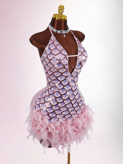 Y2K Amplova Deep V-Neck Halter Sequin & Furry Patchwork Bodycon Mini Dress