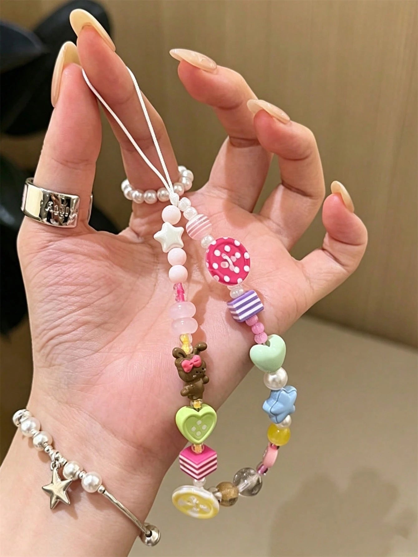 Y2K Lovely Star Heart Beaded CCD Pendant Mobile Phone Lanyard For Girl Phone Case Universal Chain Bag Accessories