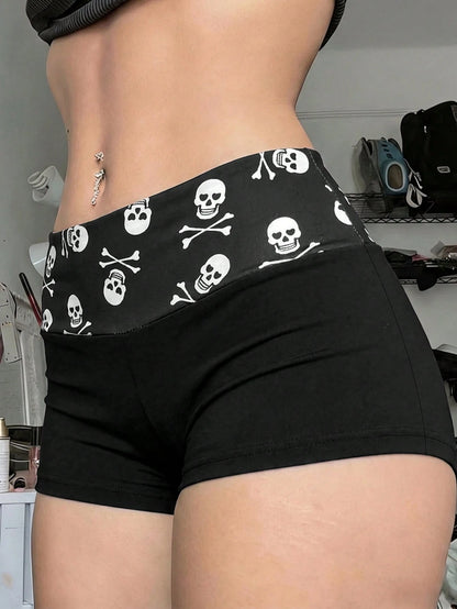 Y2K Style Skull Print Belt Shorts, Black High Waist Fitted Butt-Flattering Shorts Summer