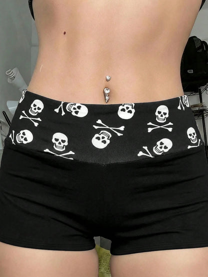 Y2K Style Skull Print Belt Shorts, Black High Waist Fitted Butt-Flattering Shorts Summer