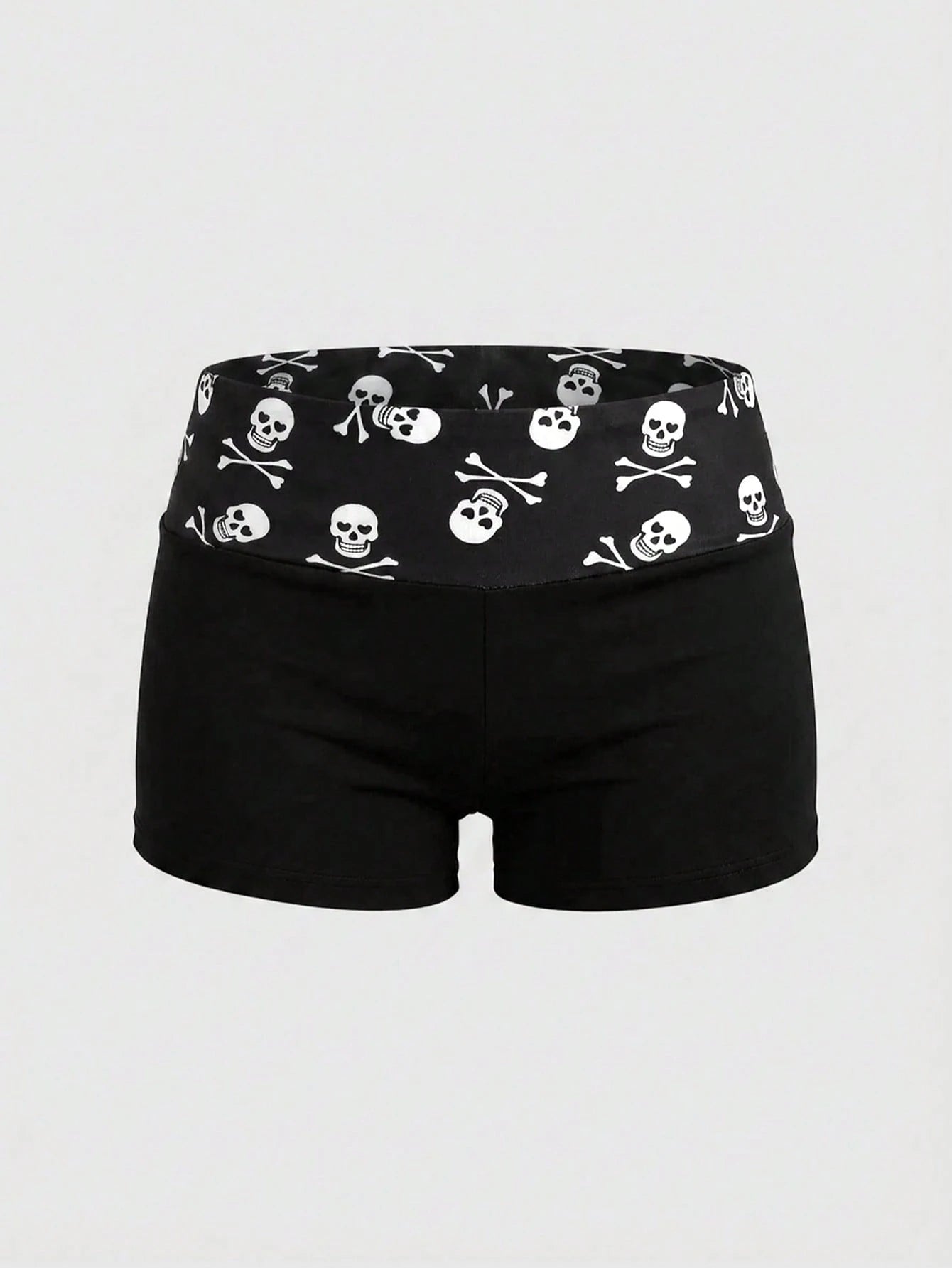 Y2K Style Skull Print Belt Shorts, Black High Waist Fitted Butt-Flattering Shorts Summer