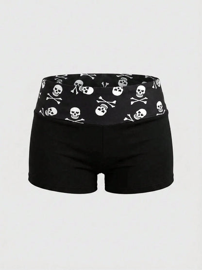 Y2K Style Skull Print Belt Shorts, Black High Waist Fitted Butt-Flattering Shorts Summer