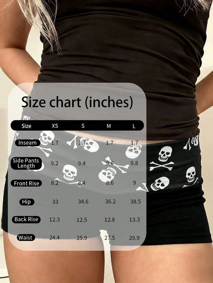 Y2K Style Skull Print Belt Shorts, Black High Waist Fitted Butt-Flattering Shorts Summer