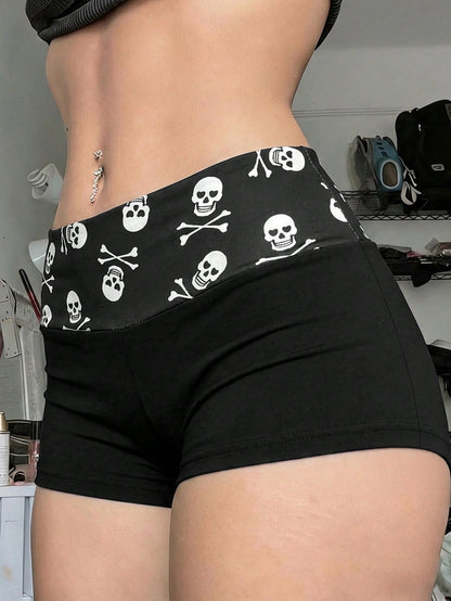 Y2K Style Skull Print Belt Shorts, Black High Waist Fitted Butt-Flattering Shorts Summer