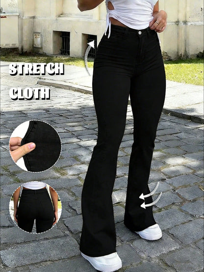 Y2K Style Women's Dark Khaki Flare Leg Pants, Solid Color High Waist Elastic Slim Fit, Elegant Casual Street Style Black
