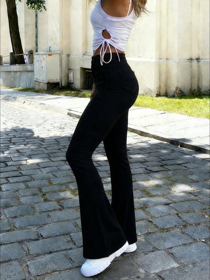 Y2K Style Women's Dark Khaki Flare Leg Pants, Solid Color High Waist Elastic Slim Fit, Elegant Casual Street Style Black