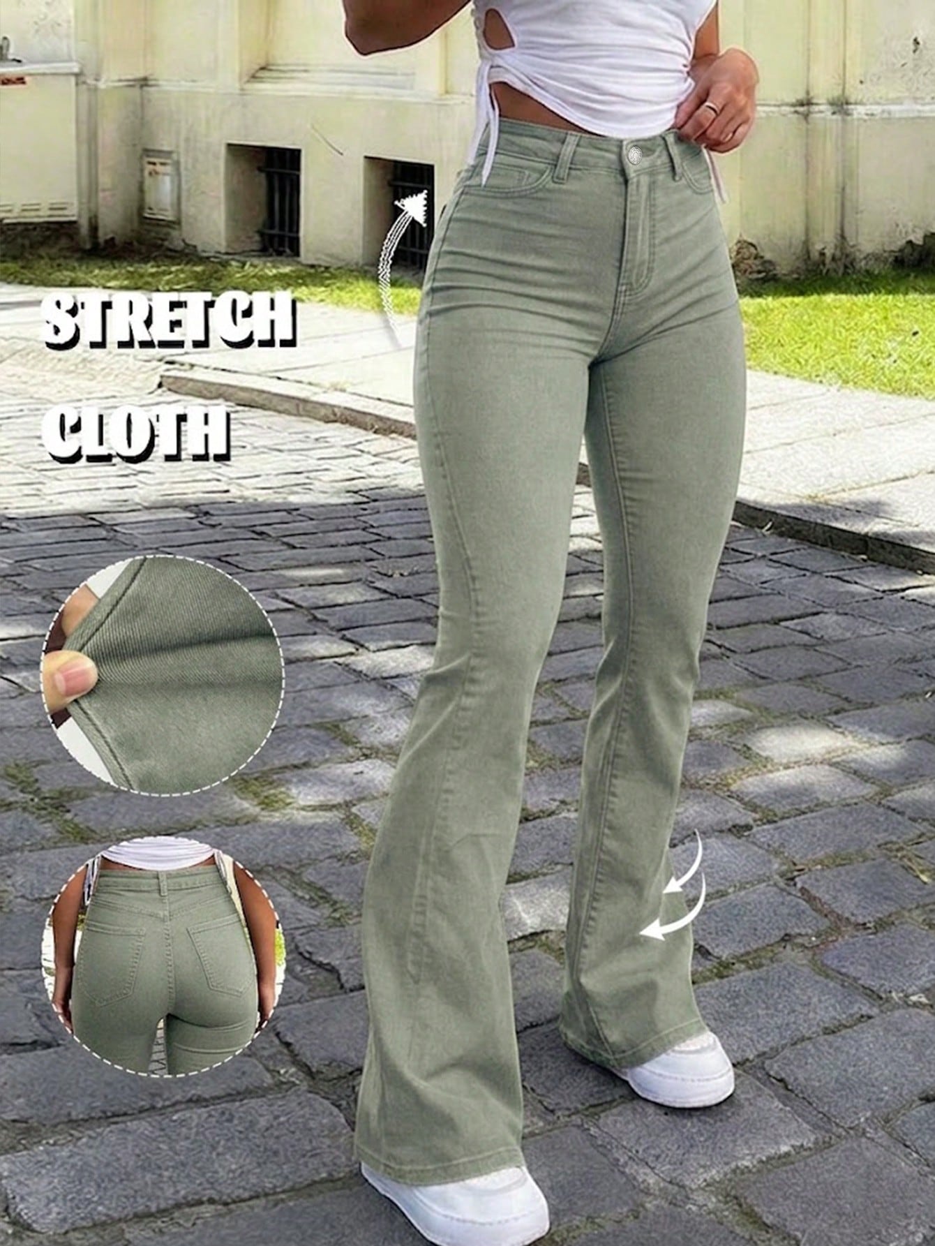 Y2K Style Women's Light Olive Green Flare Pants, Solid Color High Waist Elastic Slim Fit, Elegant Casual Streetwear Style, Suitable For Vacation, Bohemian Style