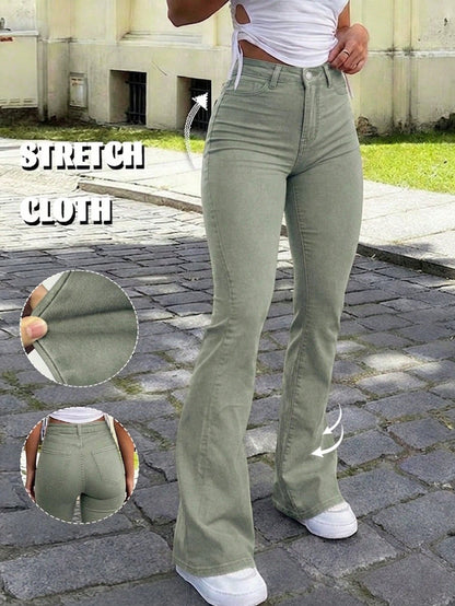 Y2K Style Women's Light Olive Green Flare Pants, Solid Color High Waist Elastic Slim Fit, Elegant Casual Streetwear Style, Suitable For Vacation, Bohemian Style