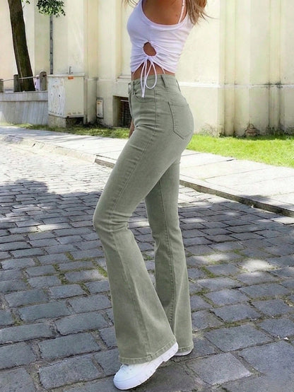 Y2K Style Women's Light Olive Green Flare Pants, Solid Color High Waist Elastic Slim Fit, Elegant Casual Streetwear Style, Suitable For Vacation, Bohemian Style