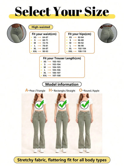 Y2K Style Women's Light Olive Green Flare Pants, Solid Color High Waist Elastic Slim Fit, Elegant Casual Streetwear Style, Suitable For Vacation, Bohemian Style