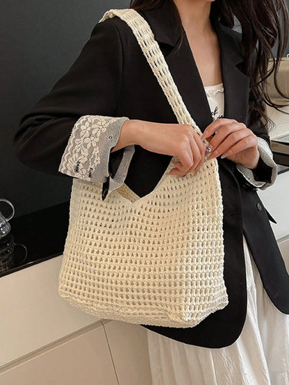 Yogodlns Women's Aesthetic Crochet Beach Shopper Tote Knitted Net Underarm Bag For Summer Versatile Shoulder Bag Women's Shoulder Bags Casual,Straw Bag