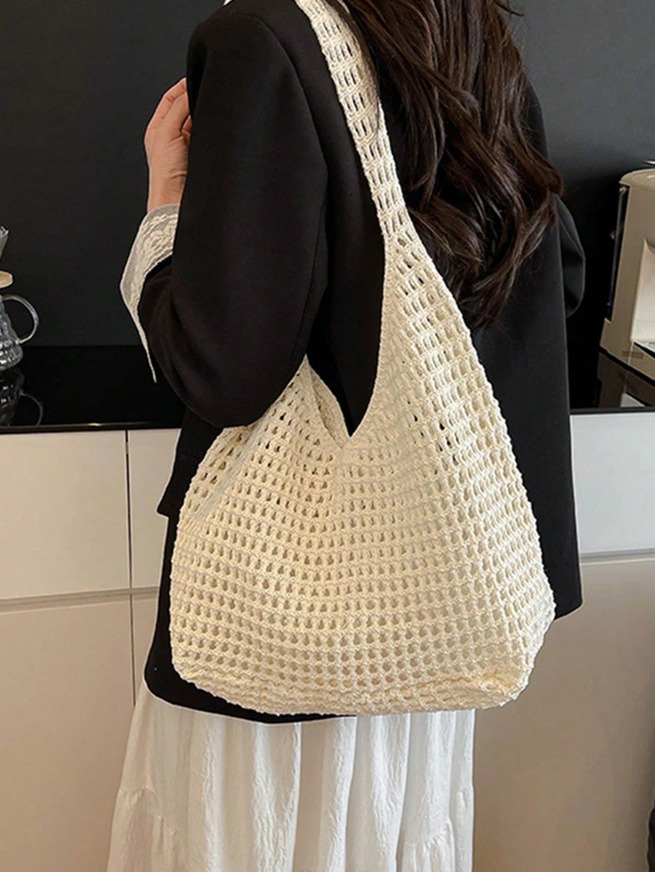 Yogodlns Women's Aesthetic Crochet Beach Shopper Tote Knitted Net Underarm Bag For Summer Versatile Shoulder Bag Women's Shoulder Bags Casual,Straw Bag