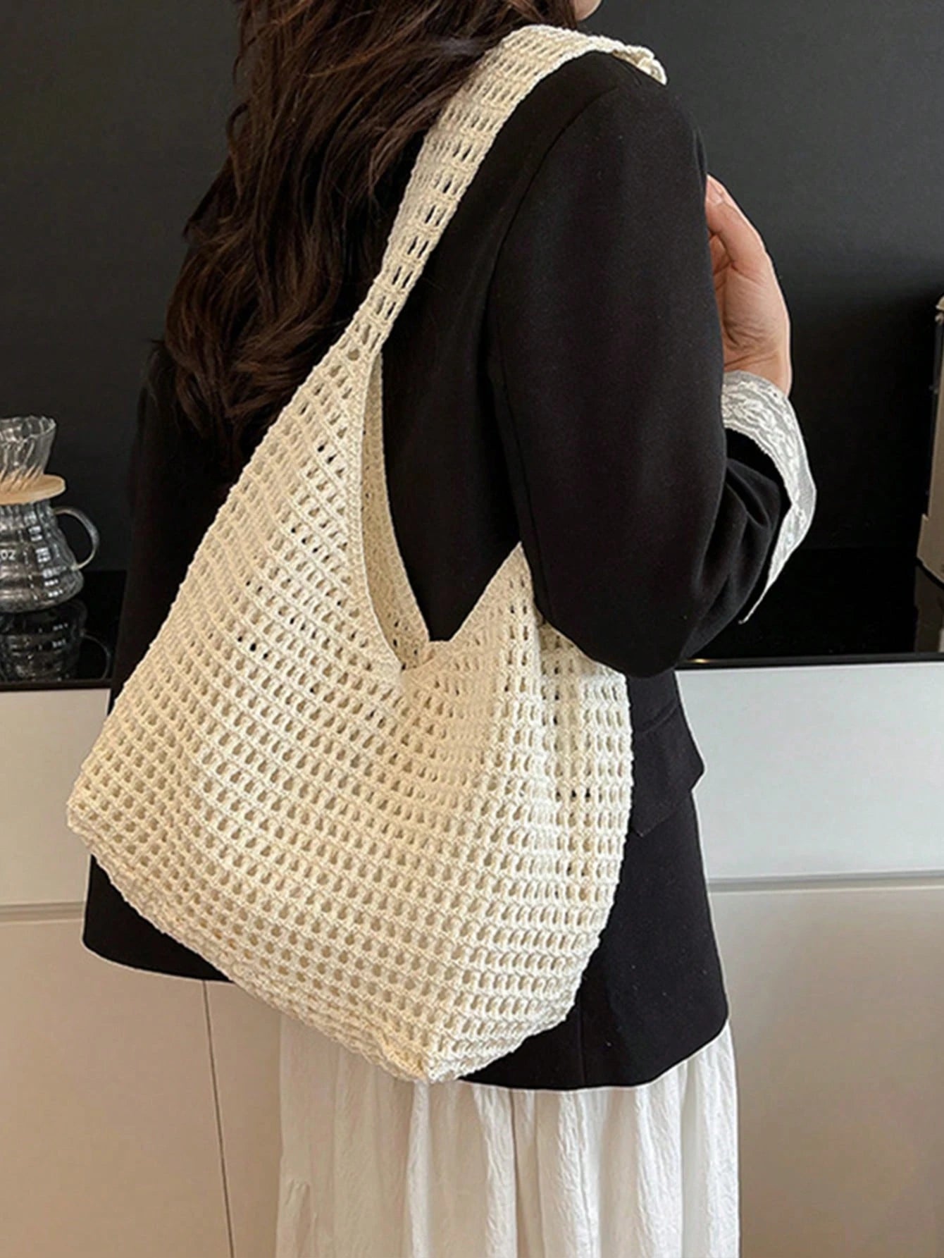 Yogodlns Women's Aesthetic Crochet Beach Shopper Tote Knitted Net Underarm Bag For Summer Versatile Shoulder Bag Women's Shoulder Bags Casual,Straw Bag