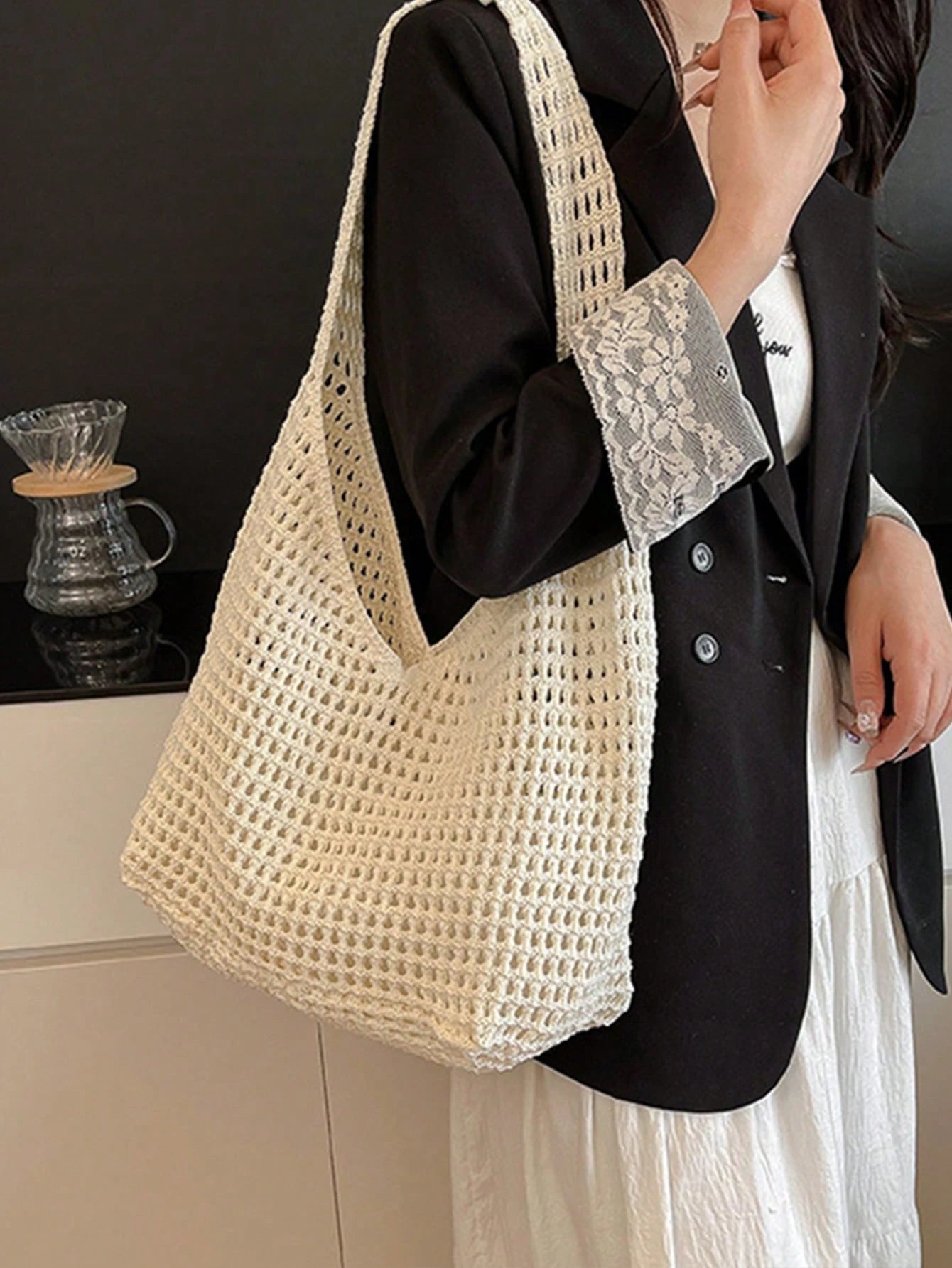 Yogodlns Women's Aesthetic Crochet Beach Shopper Tote Knitted Net Underarm Bag For Summer Versatile Shoulder Bag Women's Shoulder Bags Casual,Straw Bag