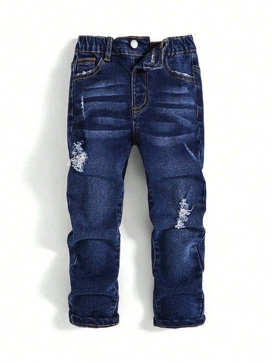 Young Boy Blue Comfortable And Refreshing Dark Wash Cut Out Ripped Frayed Design Elasticity Denim Stretch Skinny Jeans For Dailywear