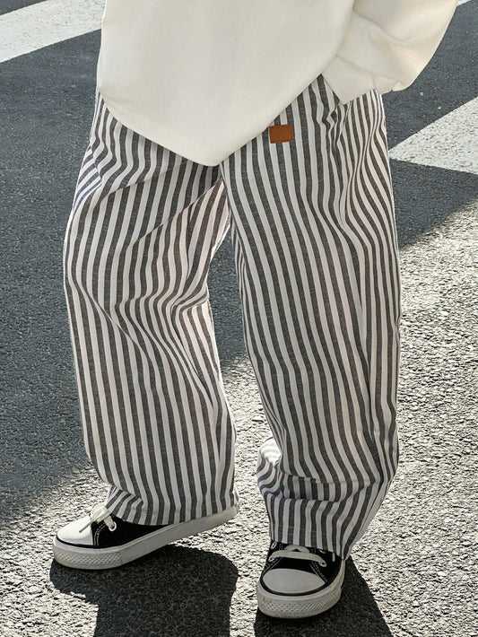 Young Boys' Casual Street Style Striped Woven Cargo Pants,Straight Leg,Lightweight Comfortable White Summer School Back-To-School Outings Vacation