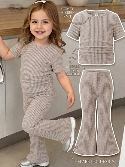 Young Girl Knitted Solid Color Round Neck Ruched Casual T-Shirt And Long Pants 2pcs Set