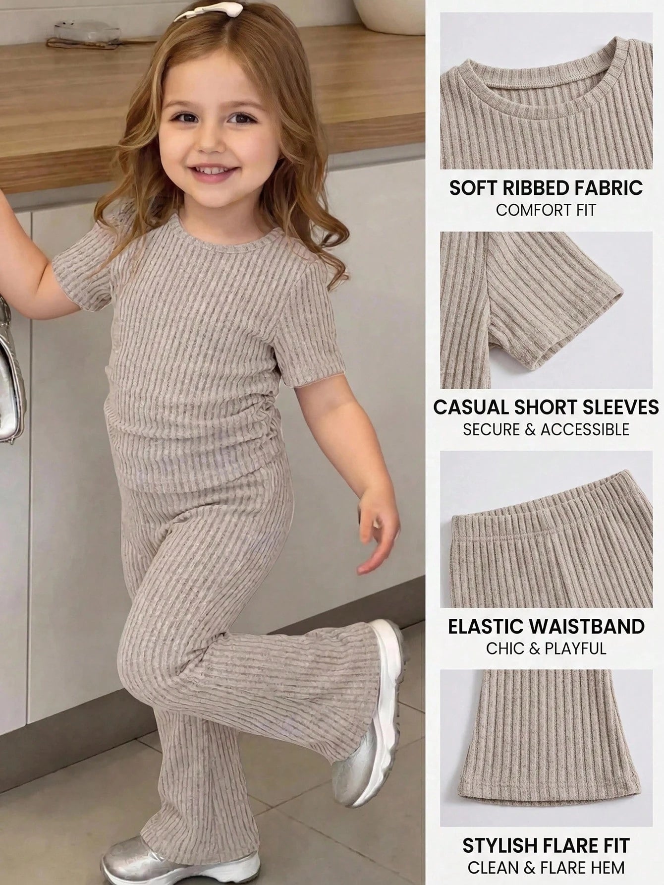 Young Girl Knitted Solid Color Round Neck Ruched Casual T-Shirt And Long Pants 2pcs Set