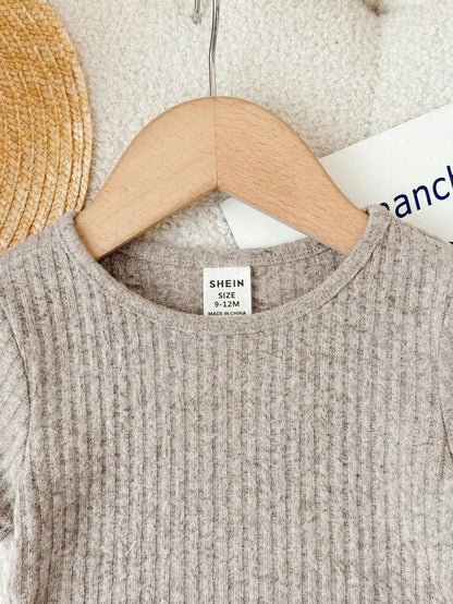Young Girl Knitted Solid Color Round Neck Ruched Casual T-Shirt And Long Pants 2pcs Set