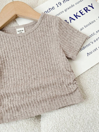 Young Girl Knitted Solid Color Round Neck Ruched Casual T-Shirt And Long Pants 2pcs Set