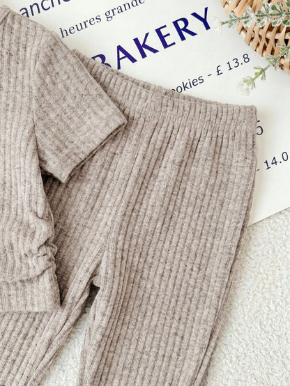 Young Girl Knitted Solid Color Round Neck Ruched Casual T-Shirt And Long Pants 2pcs Set