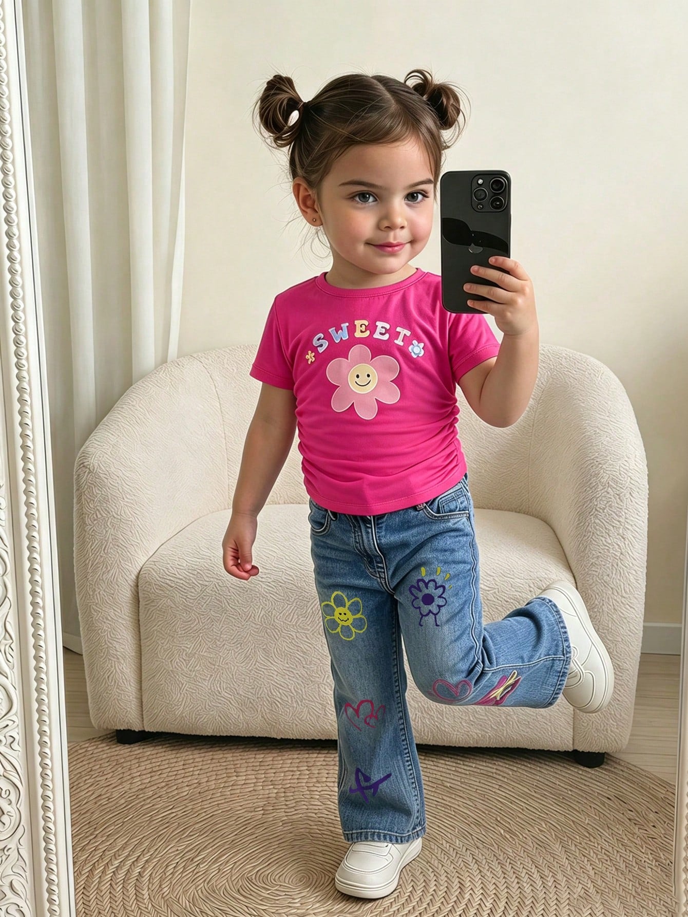 Young Girl Knitted Solid Color Round Neck Ruched Casual T-Shirt And Long Pants 2pcs Set