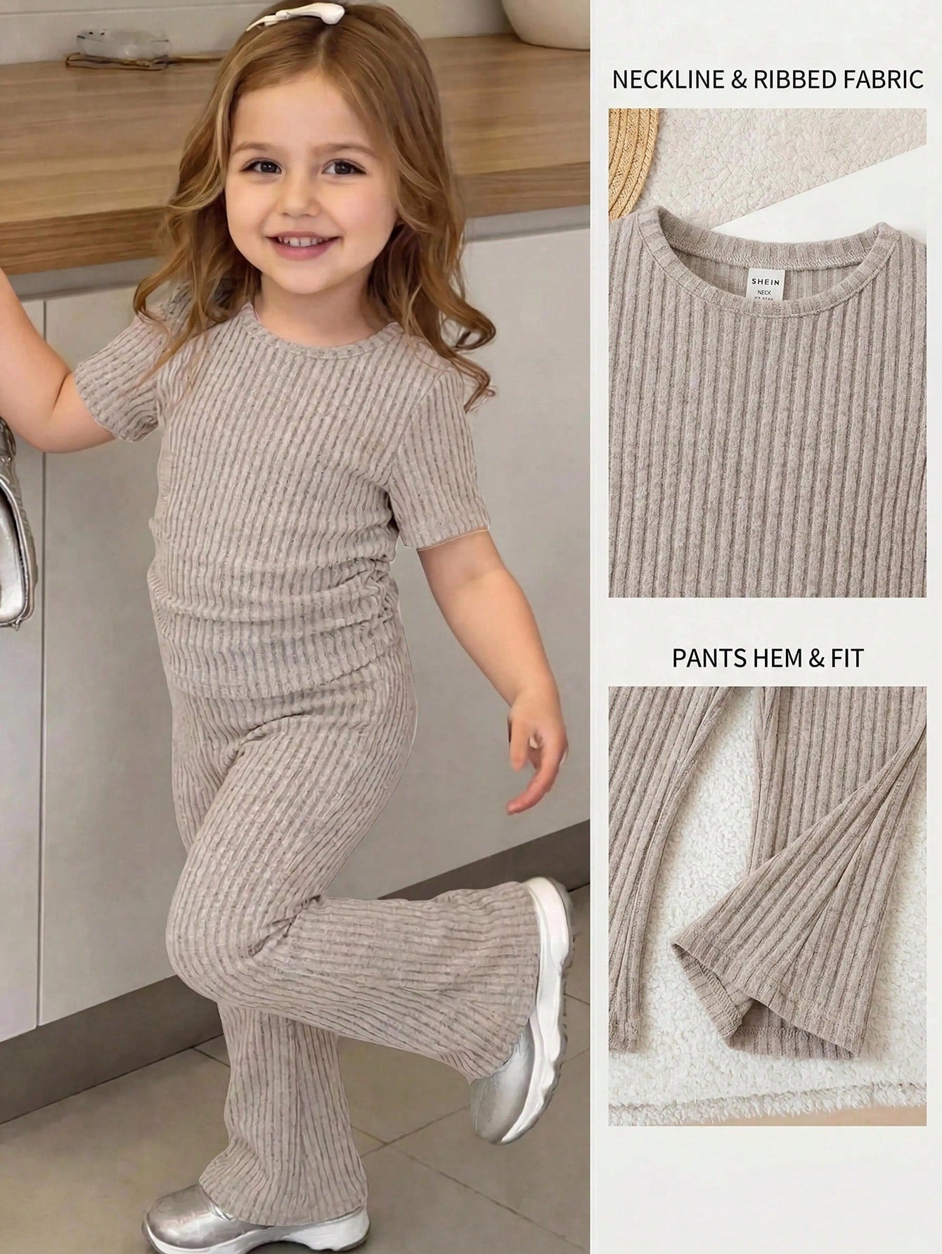 Young Girl Knitted Solid Color Round Neck Ruched Casual T-Shirt And Long Pants 2pcs Set
