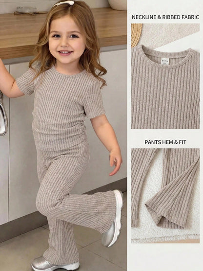 Young Girl Knitted Solid Color Round Neck Ruched Casual T-Shirt And Long Pants 2pcs Set