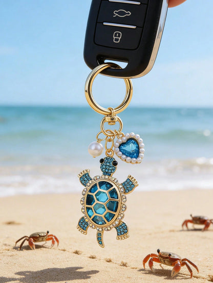 Zinc Alloy Turtle Pendant Keychain With Pearl And Heart Design, Suitable For Valentine's Day, Keychains For Woman, Beach Lovers, Travel, Portable