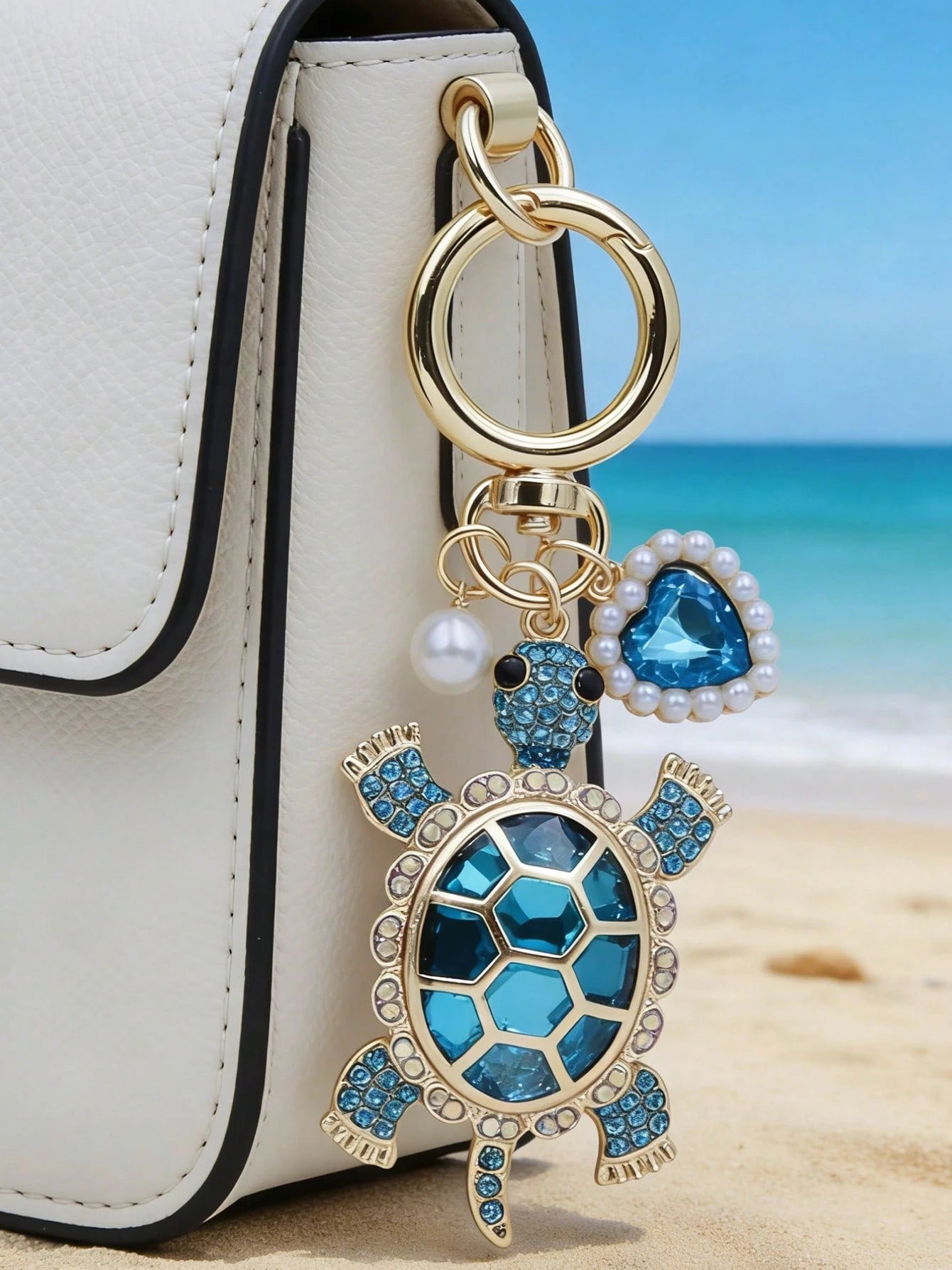 Zinc Alloy Turtle Pendant Keychain With Pearl And Heart Design, Suitable For Valentine's Day, Keychains For Woman, Beach Lovers, Travel, Portable