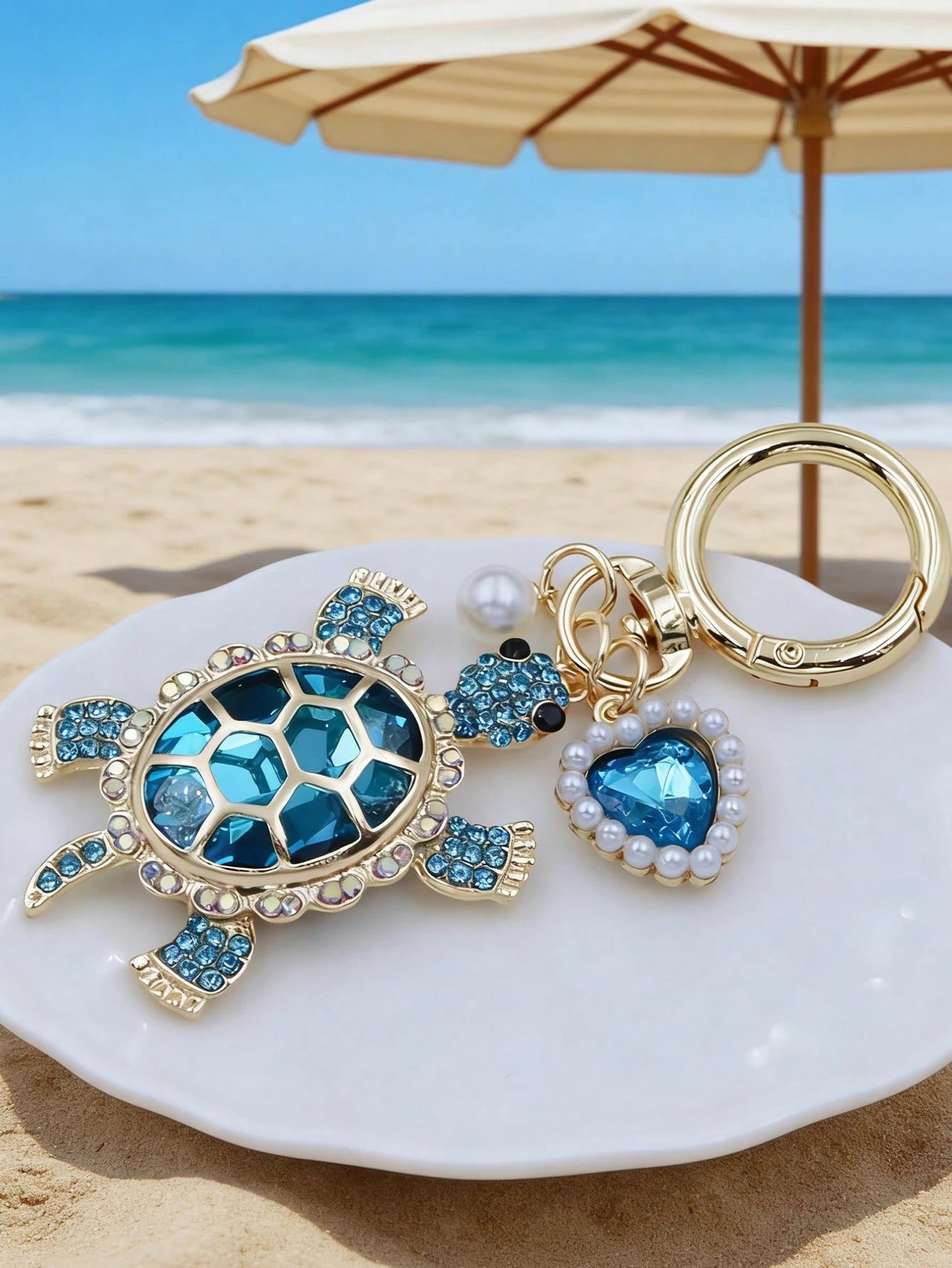 Zinc Alloy Turtle Pendant Keychain With Pearl And Heart Design, Suitable For Valentine's Day, Keychains For Woman, Beach Lovers, Travel, Portable