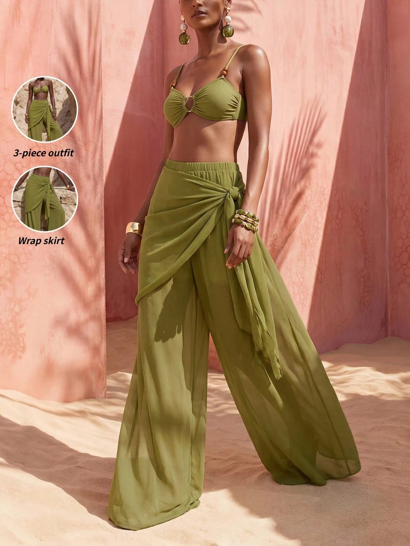 Zivah 2026 New Arrival Elegant Vacation 3 Pieces Set: Casual Swimwear Top, Short Wrap Skirt, And Wide-Leg Pants Beach Outfit Bathing Suits For Women