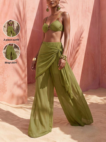 Zivah 2026 New Arrival Elegant Vacation 3 Pieces Set: Casual Swimwear Top, Short Wrap Skirt, And Wide-Leg Pants Beach Outfit Bathing Suits For Women