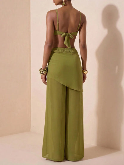 Zivah 2026 New Arrival Elegant Vacation 3 Pieces Set: Casual Swimwear Top, Short Wrap Skirt, And Wide-Leg Pants Beach Outfit Bathing Suits For Women