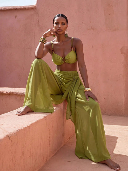 Zivah 2026 New Arrival Elegant Vacation 3 Pieces Set: Casual Swimwear Top, Short Wrap Skirt, And Wide-Leg Pants Beach Outfit Bathing Suits For Women