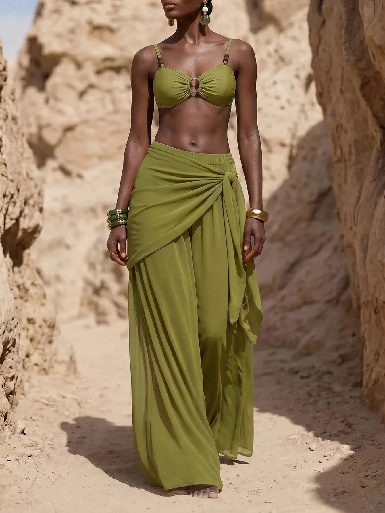 Zivah 2026 New Arrival Elegant Vacation 3 Pieces Set: Casual Swimwear Top, Short Wrap Skirt, And Wide-Leg Pants Beach Outfit Bathing Suits For Women