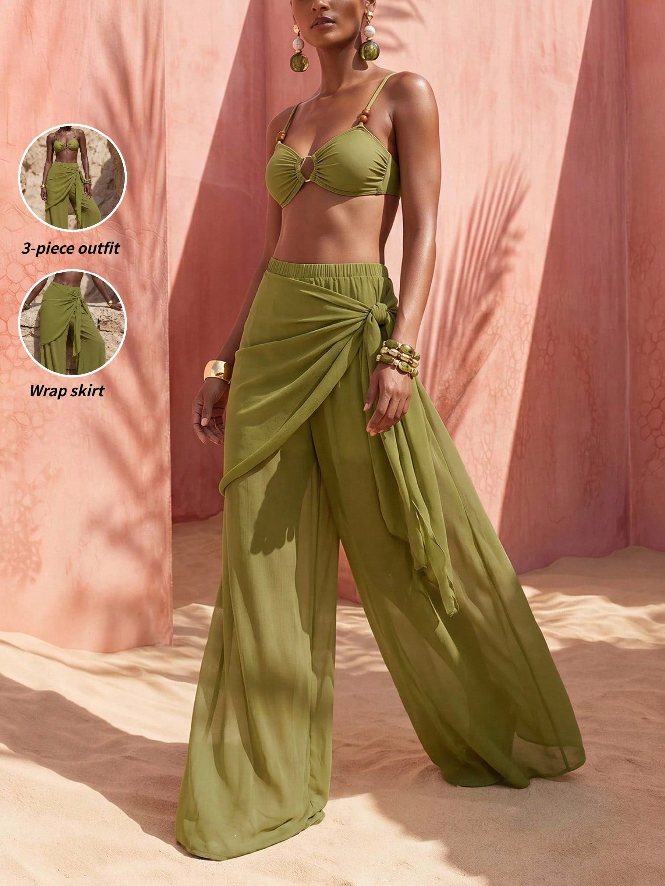 Zivah 2026 New Arrival Elegant Vacation 3 Pieces Set: Casual Swimwear Top, Short Wrap Skirt, And Wide-Leg Pants Beach Outfit Bathing Suits For Women