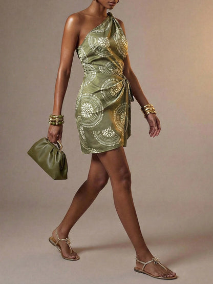 Zivah Summer Boho Women's Olive Green Mini Dress,Holiday Garden Party Nomadic Print Off-Shoulder Wrap Tie Vacation,Travel,Beach,Music Festival,Cruises